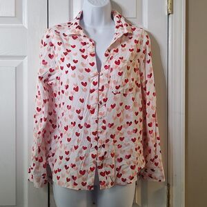 Velvet Heart  Long sleeve hi low heart print button down shirt Valentines Sz S